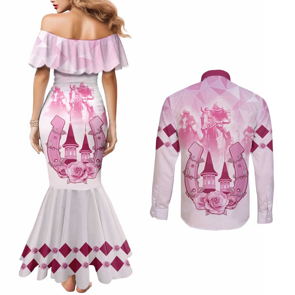 Kentucky Horse Racing Couples Matching Mermaid Dress and Long Sleeve Button Shirt 151st Anniversary Pink Version LT05