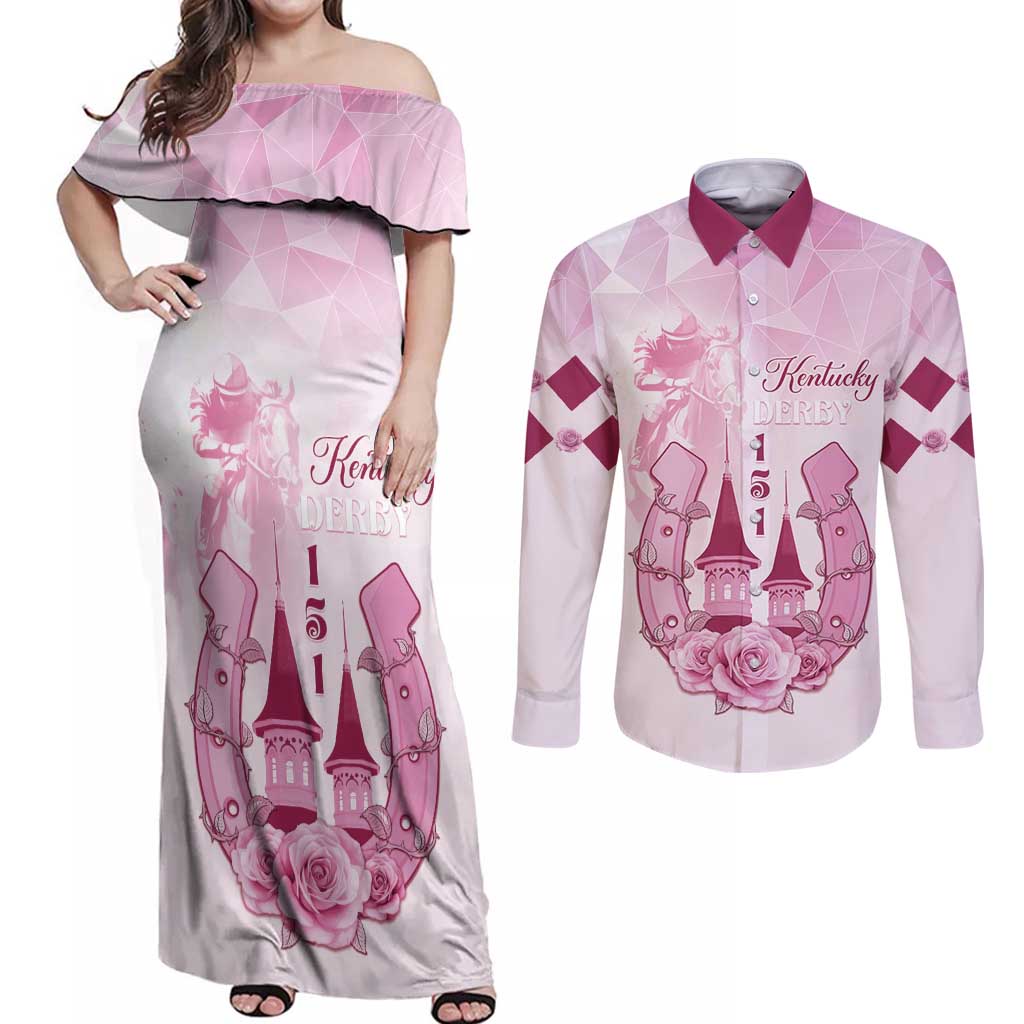 Kentucky Horse Racing Couples Matching Off Shoulder Maxi Dress and Long Sleeve Button Shirt 151st Anniversary Pink Version LT05