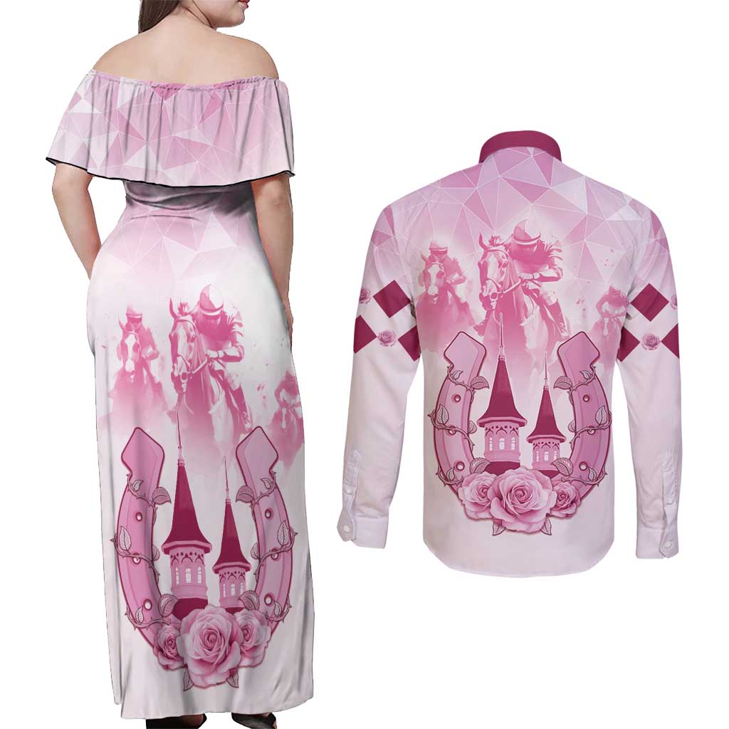 Kentucky Horse Racing Couples Matching Off Shoulder Maxi Dress and Long Sleeve Button Shirt 151st Anniversary Pink Version LT05