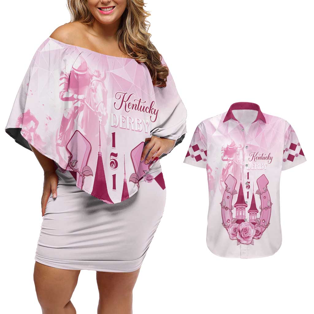 Kentucky Horse Racing Couples Matching Off Shoulder Short Dress and Hawaiian Shirt 151st Anniversary Pink Version LT05