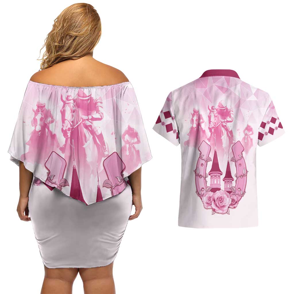 Kentucky Horse Racing Couples Matching Off Shoulder Short Dress and Hawaiian Shirt 151st Anniversary Pink Version LT05