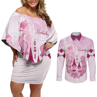 Kentucky Horse Racing Couples Matching Off Shoulder Short Dress and Long Sleeve Button Shirt 151st Anniversary Pink Version LT05