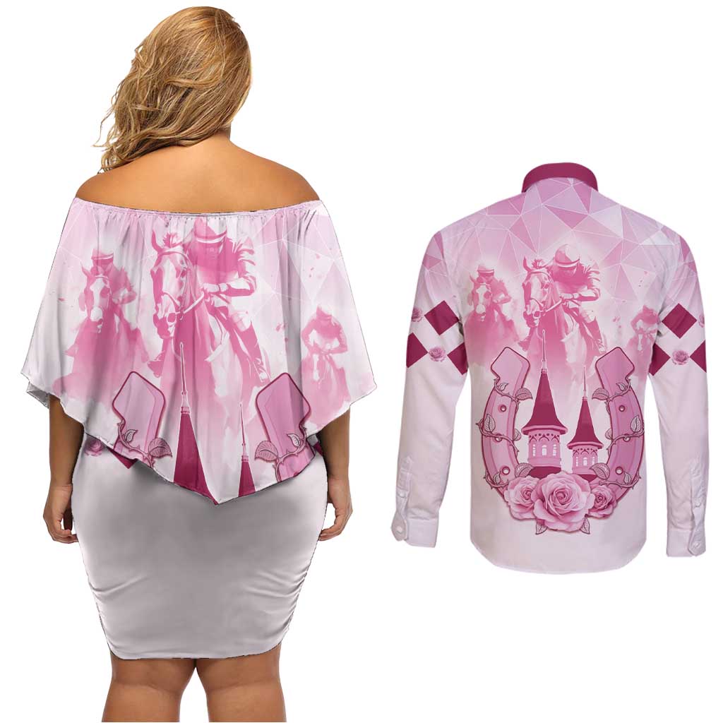 Kentucky Horse Racing Couples Matching Off Shoulder Short Dress and Long Sleeve Button Shirt 151st Anniversary Pink Version LT05