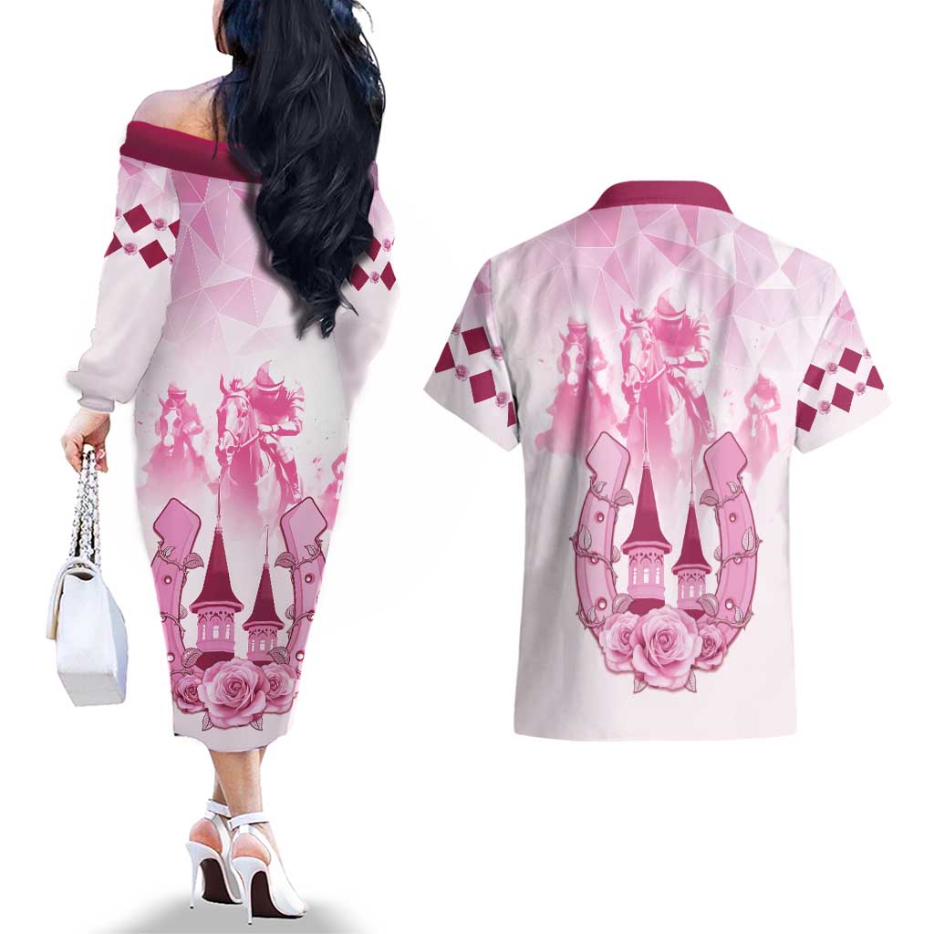 Kentucky Horse Racing Couples Matching Off The Shoulder Long Sleeve Dress and Hawaiian Shirt 151st Anniversary Pink Version LT05