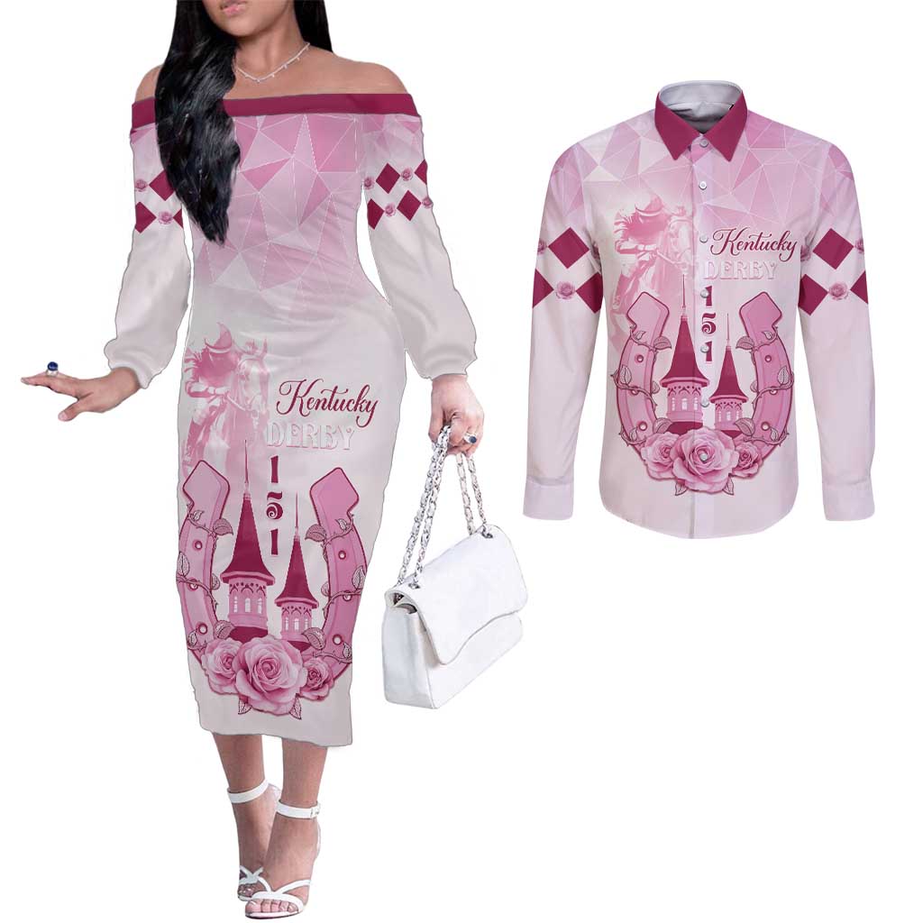 Kentucky Horse Racing Couples Matching Off The Shoulder Long Sleeve Dress and Long Sleeve Button Shirt 151st Anniversary Pink Version LT05