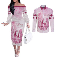 Kentucky Horse Racing Couples Matching Off The Shoulder Long Sleeve Dress and Long Sleeve Button Shirt 151st Anniversary Pink Version LT05