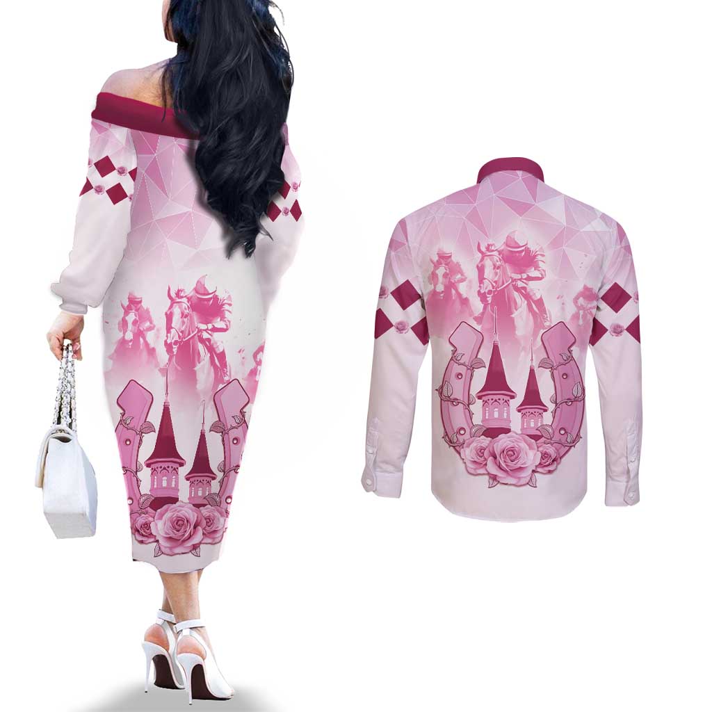 Kentucky Horse Racing Couples Matching Off The Shoulder Long Sleeve Dress and Long Sleeve Button Shirt 151st Anniversary Pink Version LT05