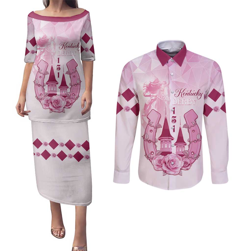 Kentucky Horse Racing Couples Matching Puletasi and Long Sleeve Button Shirt 151st Anniversary Pink Version LT05