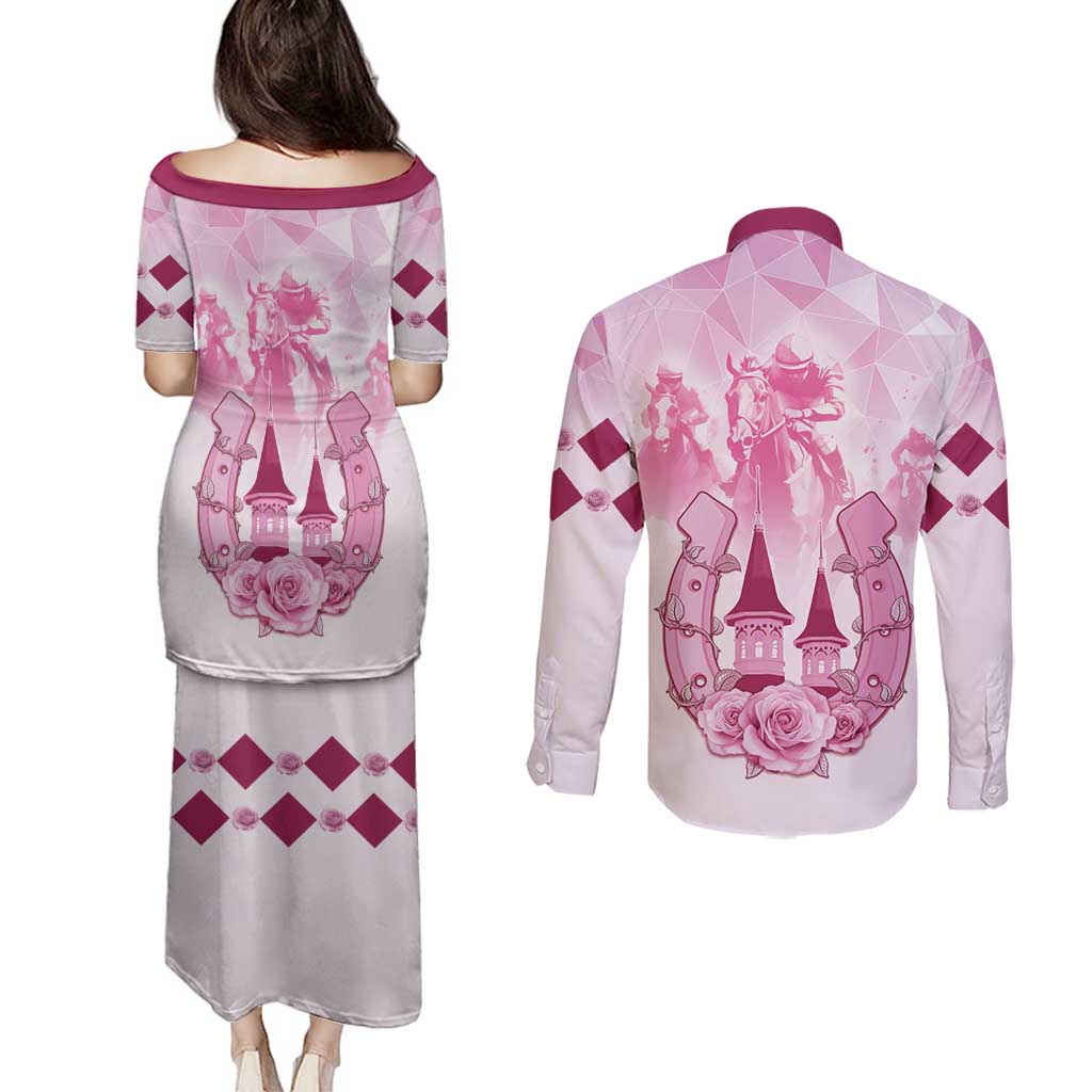 Kentucky Horse Racing Couples Matching Puletasi and Long Sleeve Button Shirt 151st Anniversary Pink Version LT05