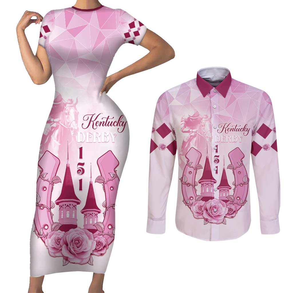 Kentucky Horse Racing Couples Matching Short Sleeve Bodycon Dress and Long Sleeve Button Shirt 151st Anniversary Pink Version LT05