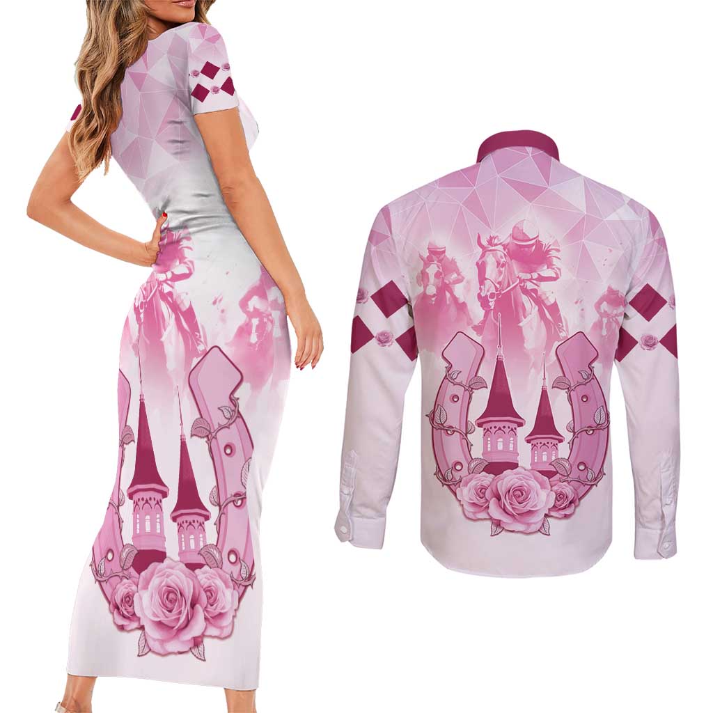 Kentucky Horse Racing Couples Matching Short Sleeve Bodycon Dress and Long Sleeve Button Shirt 151st Anniversary Pink Version LT05