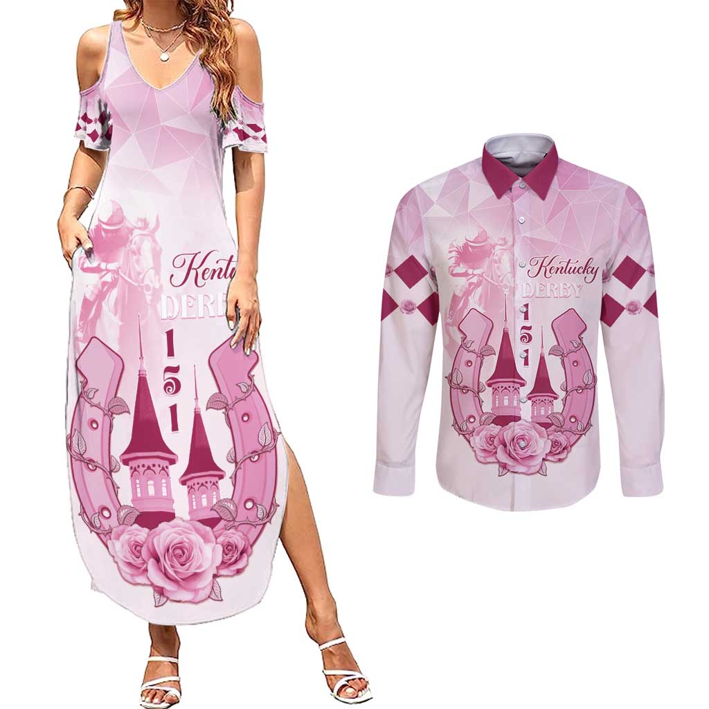 Kentucky Horse Racing Couples Matching Summer Maxi Dress and Long Sleeve Button Shirt 151st Anniversary Pink Version LT05