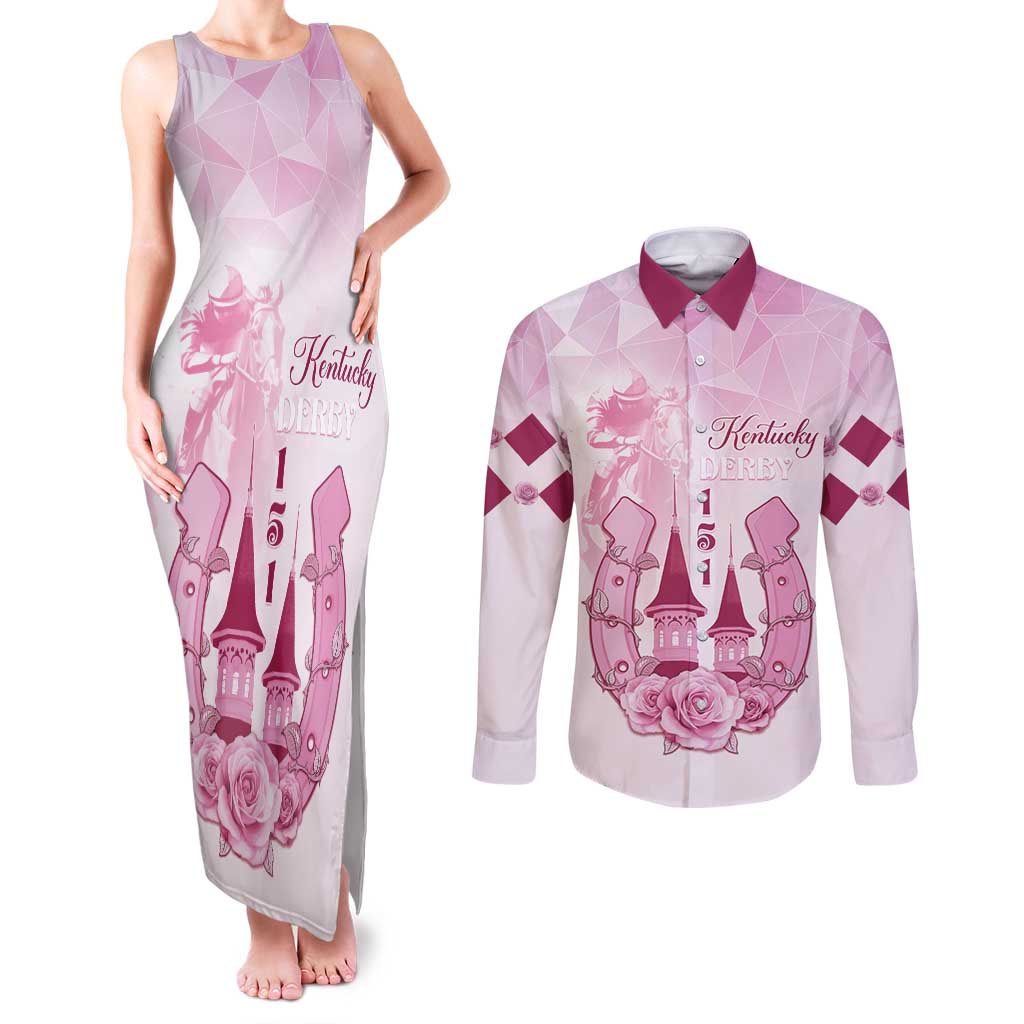 Kentucky Horse Racing Couples Matching Tank Maxi Dress and Long Sleeve Button Shirt 151st Anniversary Pink Version LT05
