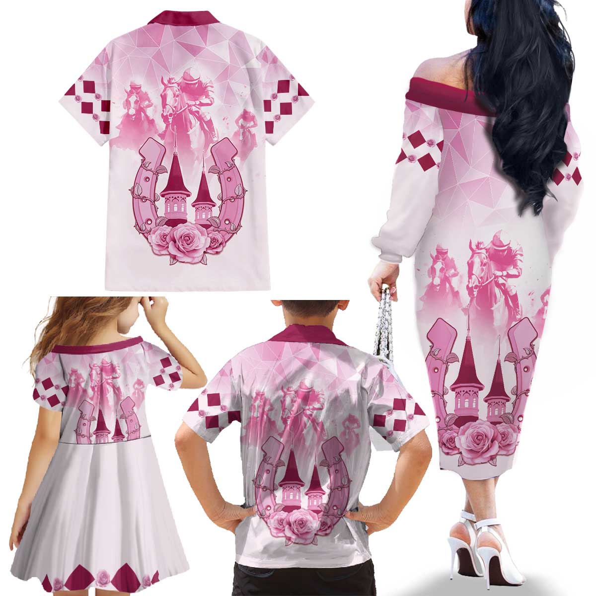 Kentucky Horse Racing Family Matching Off The Shoulder Long Sleeve Dress and Hawaiian Shirt 151st Anniversary Pink Version LT05
