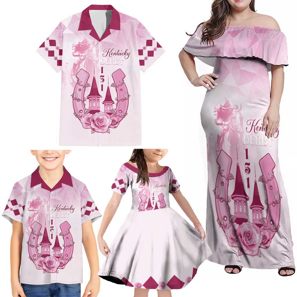 Kentucky Horse Racing Family Matching Off Shoulder Maxi Dress and Hawaiian Shirt 151st Anniversary Pink Version LT05