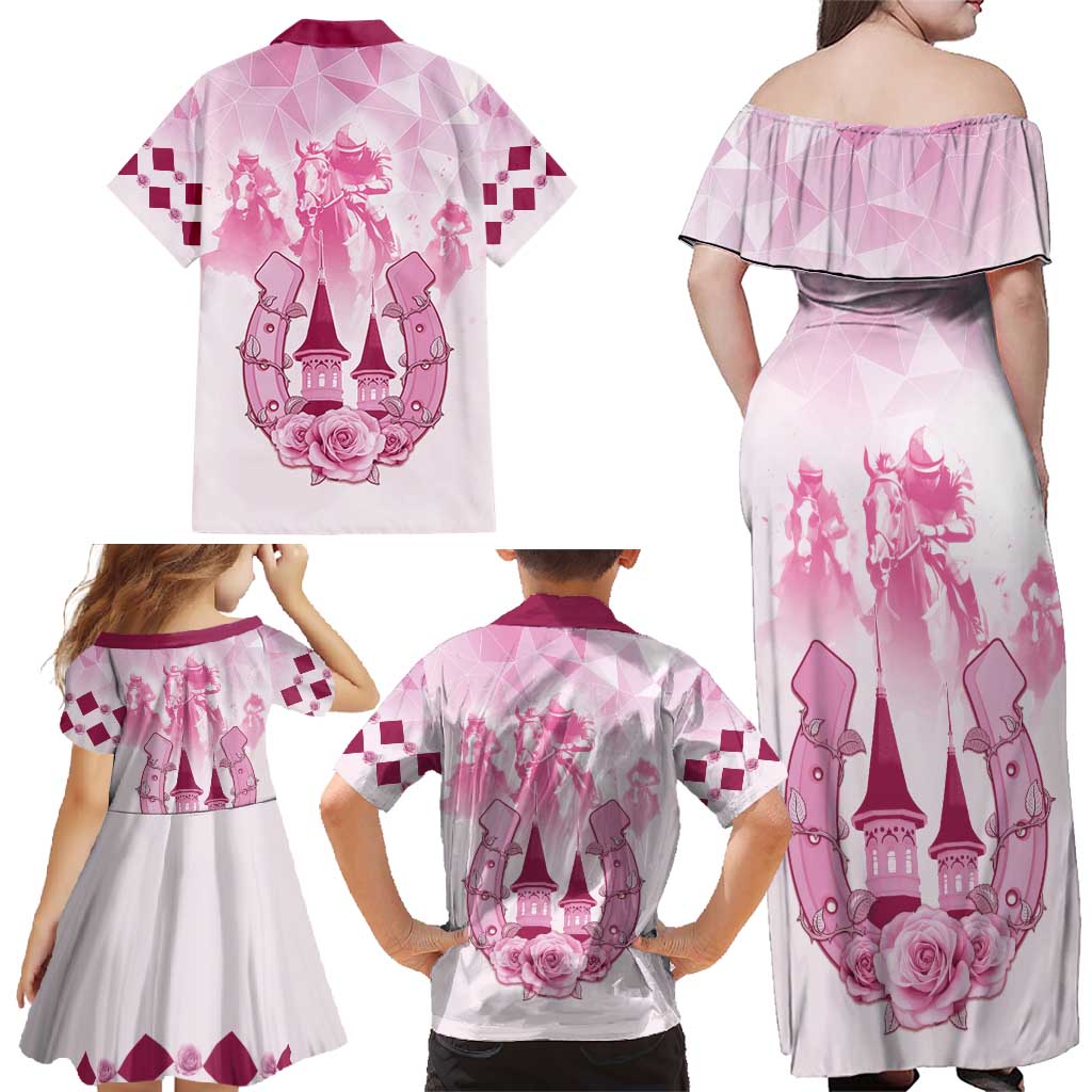 Kentucky Horse Racing Family Matching Off Shoulder Maxi Dress and Hawaiian Shirt 151st Anniversary Pink Version LT05