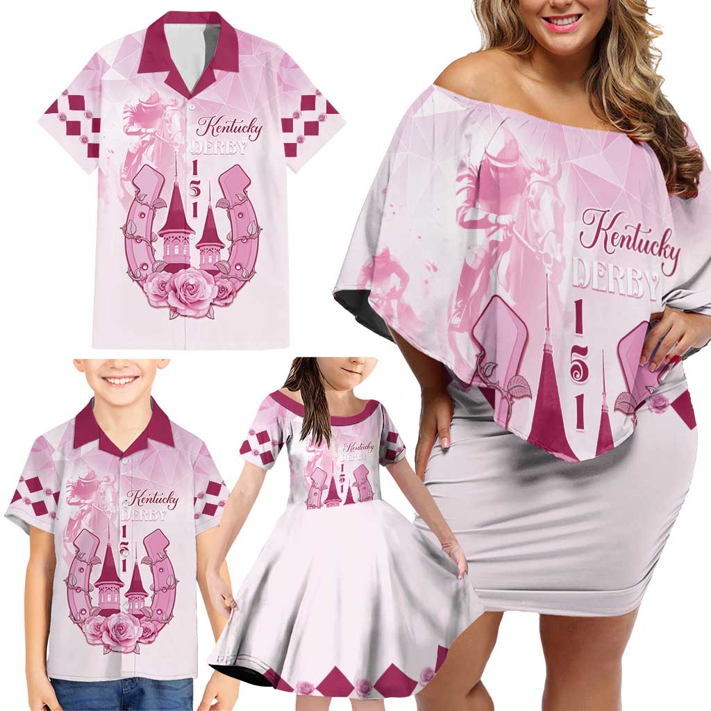 Kentucky Horse Racing Family Matching Off Shoulder Short Dress and Hawaiian Shirt 151st Anniversary Pink Version LT05