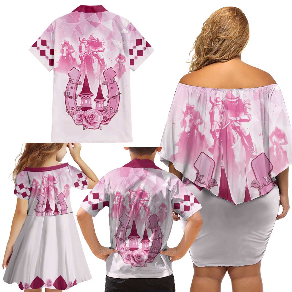 Kentucky Horse Racing Family Matching Off Shoulder Short Dress and Hawaiian Shirt 151st Anniversary Pink Version LT05