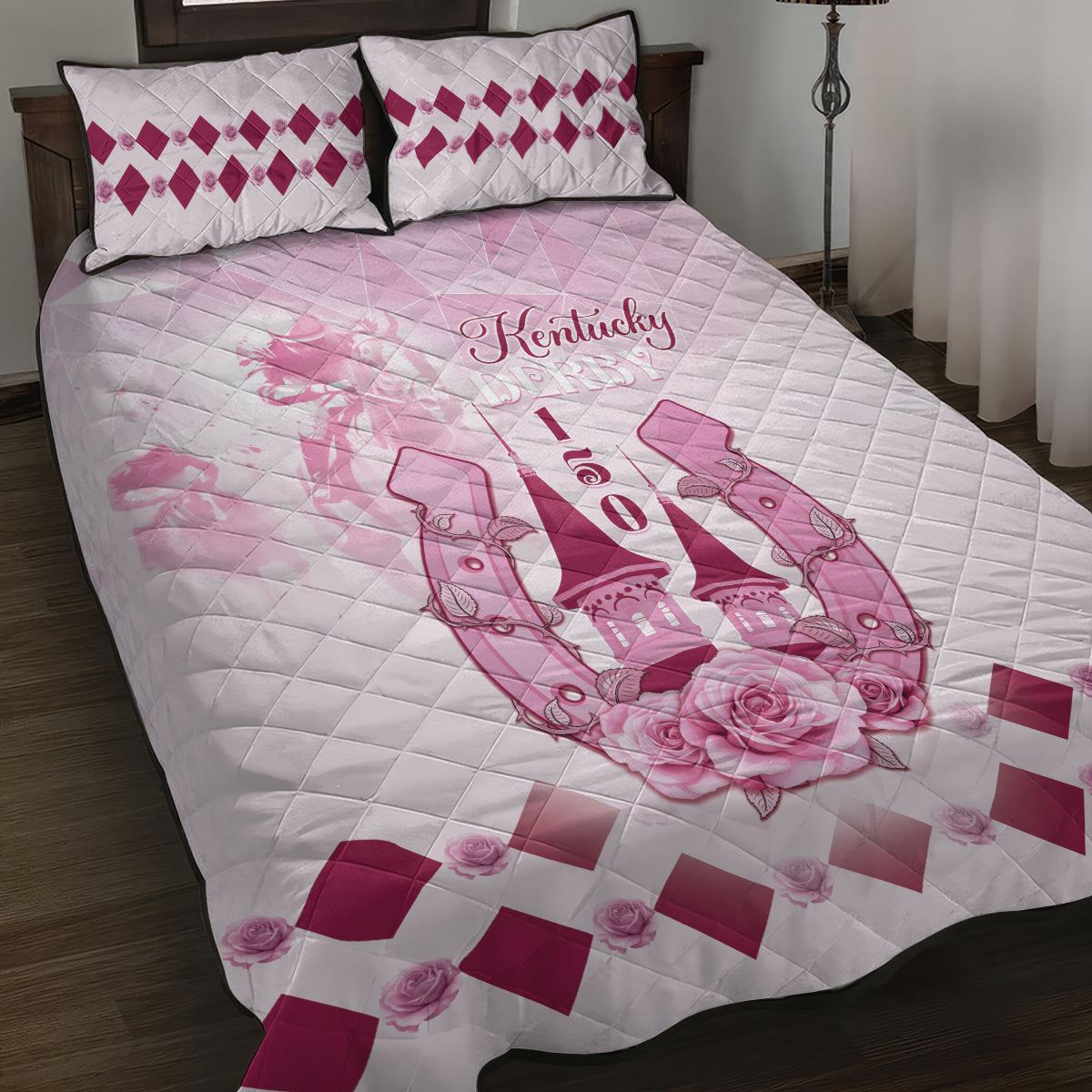 Kentucky Horse Racing Quilt Bed Set 150th Anniversary Pink Version