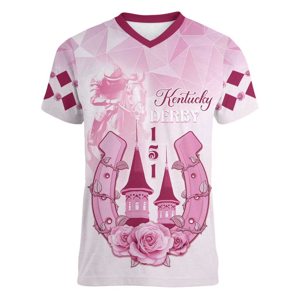 Kentucky Horse Racing Women V-Neck T-Shirt 151st Anniversary Pink Version LT05