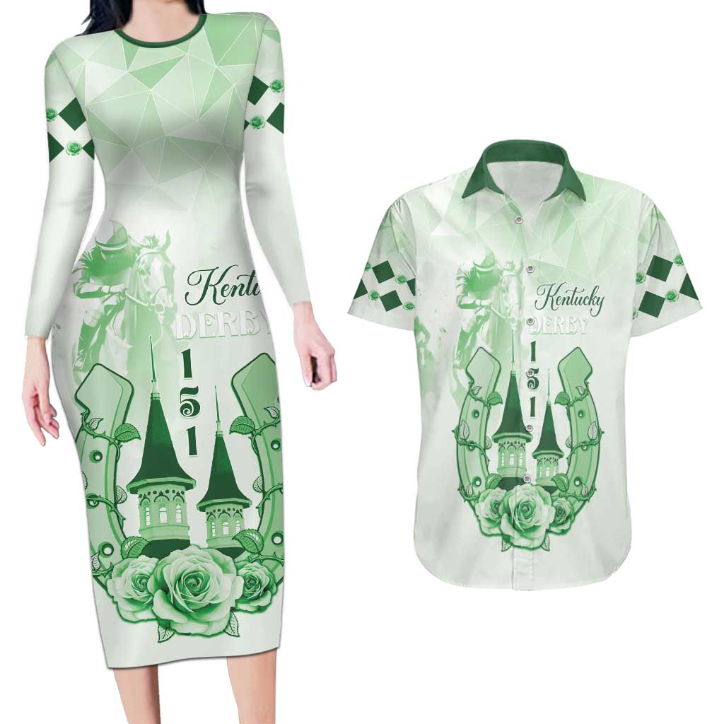 Kentucky Horse Racing Couples Matching Long Sleeve Bodycon Dress and Hawaiian Shirt 151st Anniversary Green Version LT05