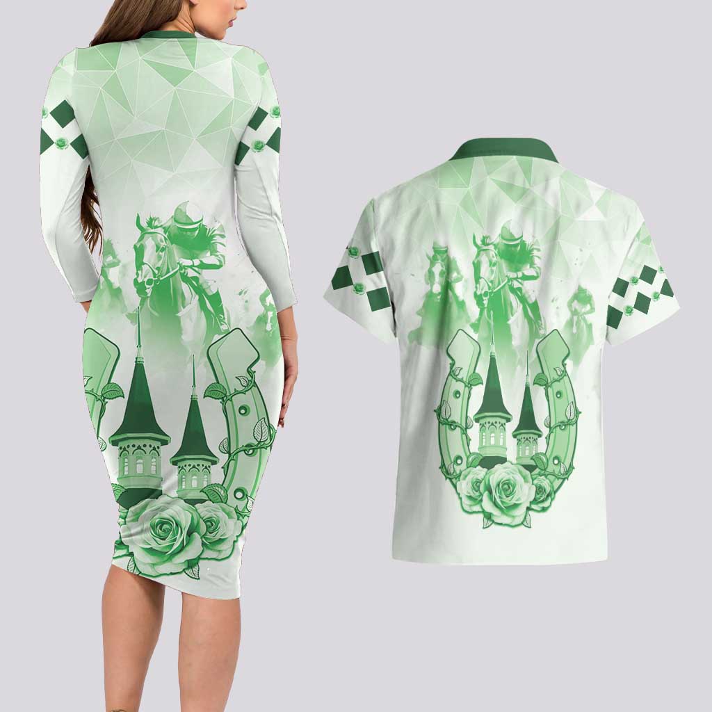 Kentucky Horse Racing Couples Matching Long Sleeve Bodycon Dress and Hawaiian Shirt 151st Anniversary Green Version LT05