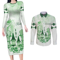 Kentucky Horse Racing Couples Matching Long Sleeve Bodycon Dress and Long Sleeve Button Shirt 151st Anniversary Green Version LT05