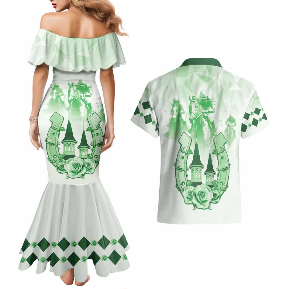 Kentucky Horse Racing Couples Matching Mermaid Dress and Hawaiian Shirt 151st Anniversary Green Version LT05