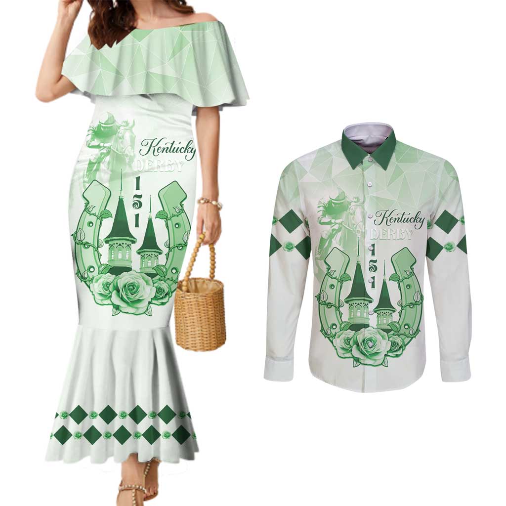 Kentucky Horse Racing Couples Matching Mermaid Dress and Long Sleeve Button Shirt 151st Anniversary Green Version LT05