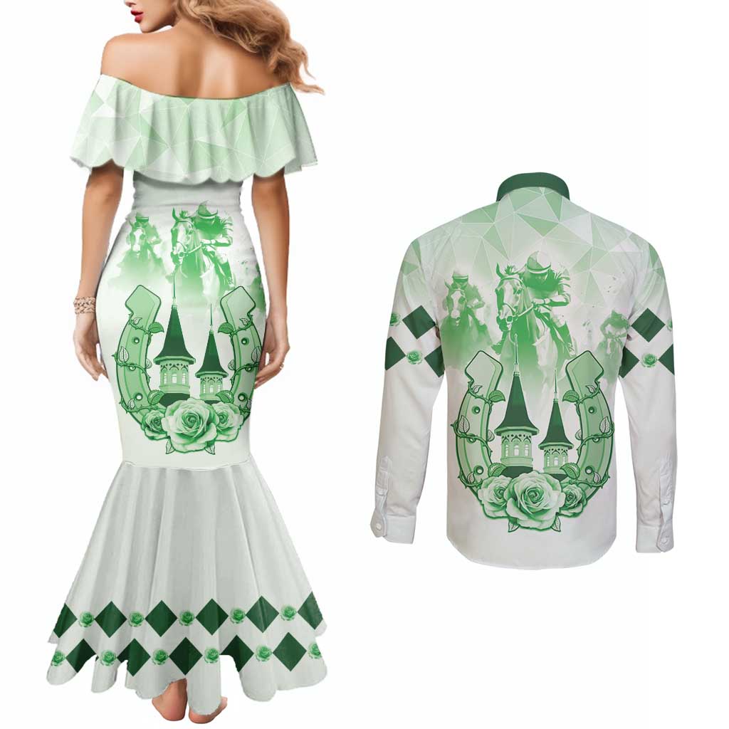 Kentucky Horse Racing Couples Matching Mermaid Dress and Long Sleeve Button Shirt 151st Anniversary Green Version LT05