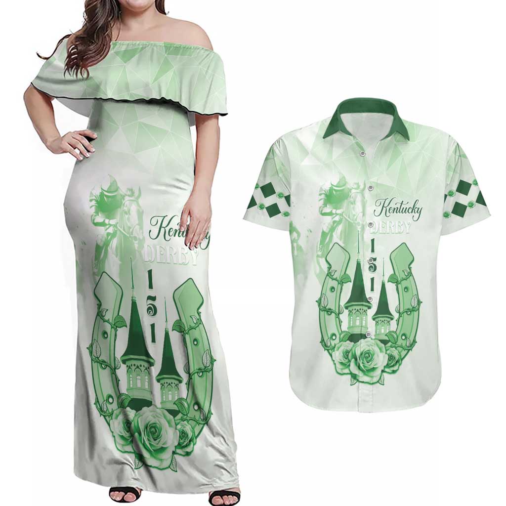 Kentucky Horse Racing Couples Matching Off Shoulder Maxi Dress and Hawaiian Shirt 151st Anniversary Green Version LT05