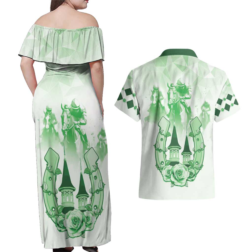 Kentucky Horse Racing Couples Matching Off Shoulder Maxi Dress and Hawaiian Shirt 151st Anniversary Green Version LT05