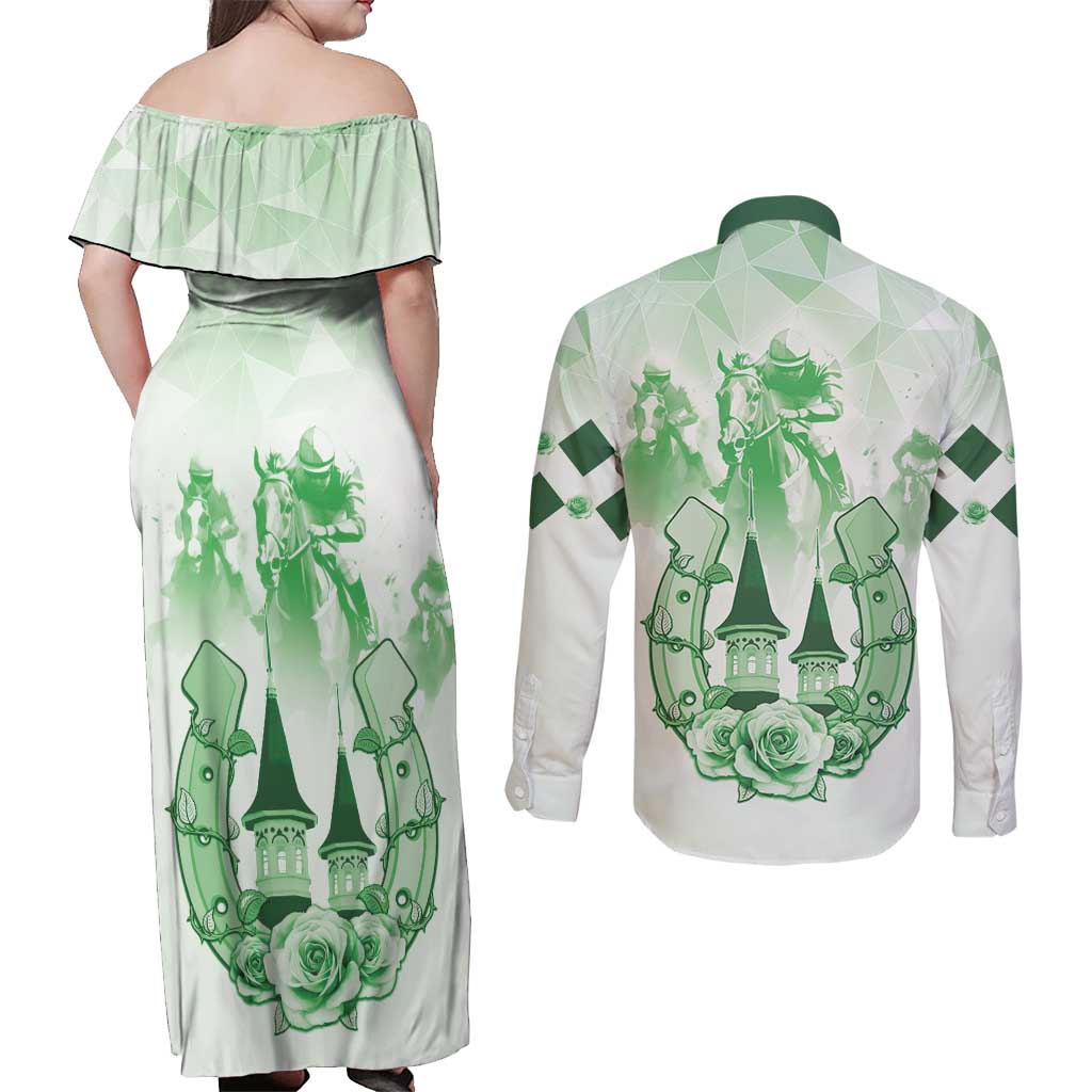 Kentucky Horse Racing Couples Matching Off Shoulder Maxi Dress and Long Sleeve Button Shirt 151st Anniversary Green Version LT05