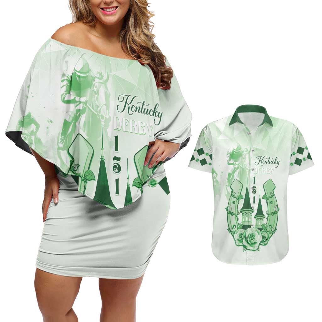 Kentucky Horse Racing Couples Matching Off Shoulder Short Dress and Hawaiian Shirt 151st Anniversary Green Version LT05