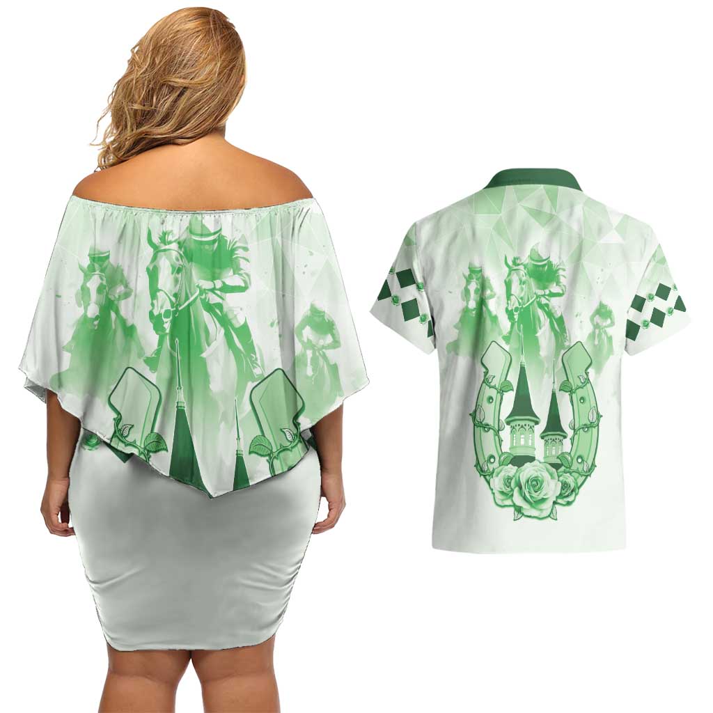 Kentucky Horse Racing Couples Matching Off Shoulder Short Dress and Hawaiian Shirt 151st Anniversary Green Version LT05
