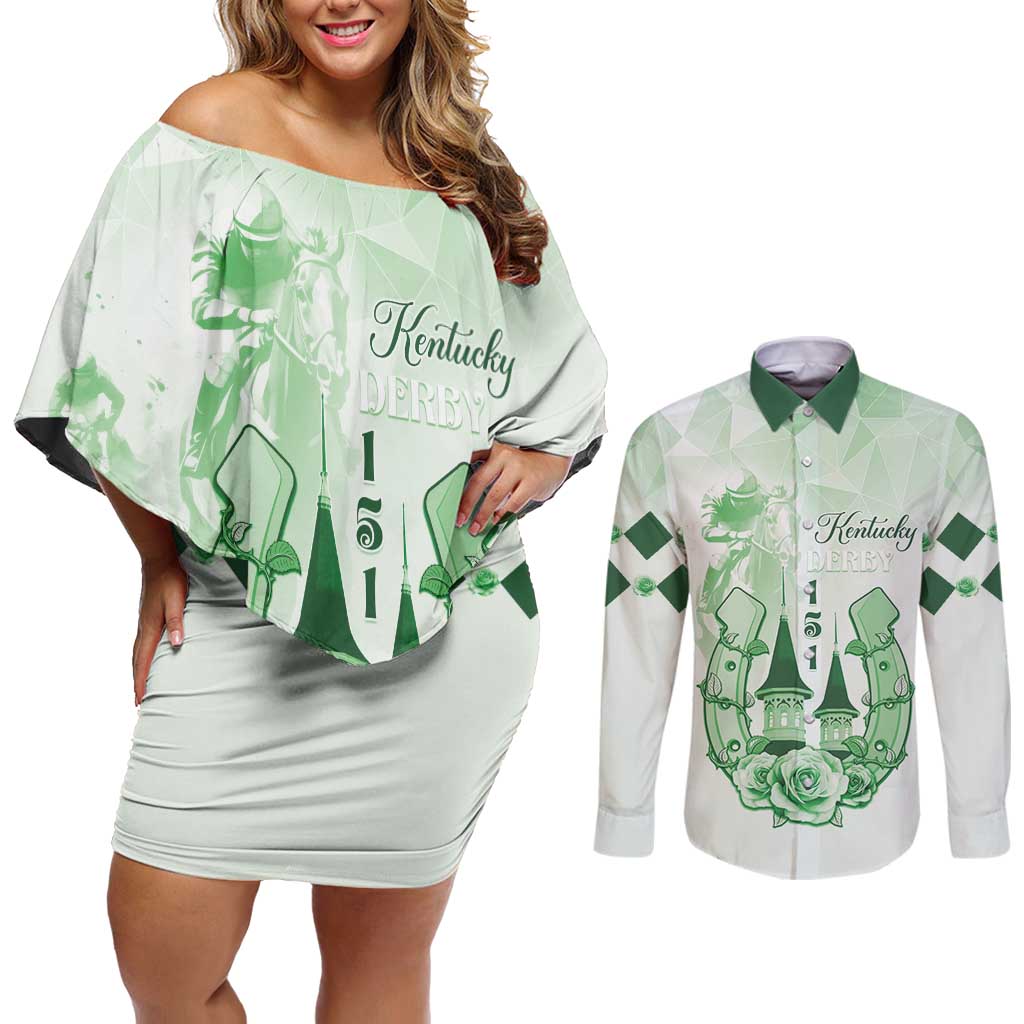 Kentucky Horse Racing Couples Matching Off Shoulder Short Dress and Long Sleeve Button Shirt 151st Anniversary Green Version LT05