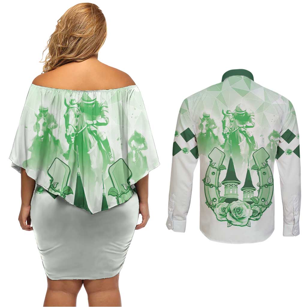 Kentucky Horse Racing Couples Matching Off Shoulder Short Dress and Long Sleeve Button Shirt 151st Anniversary Green Version LT05