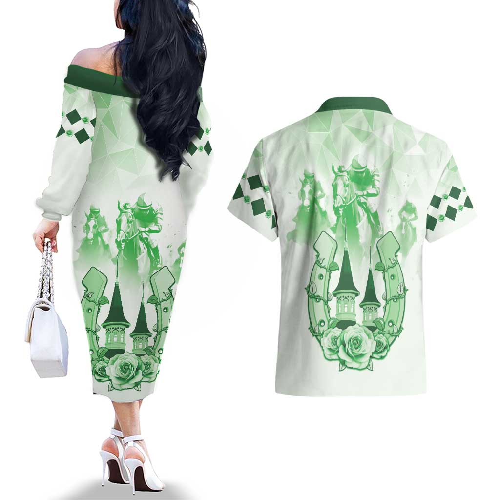Kentucky Horse Racing Couples Matching Off The Shoulder Long Sleeve Dress and Hawaiian Shirt 151st Anniversary Green Version LT05