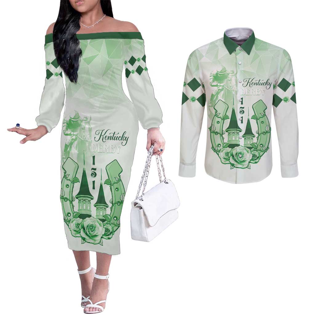 Kentucky Horse Racing Couples Matching Off The Shoulder Long Sleeve Dress and Long Sleeve Button Shirt 151st Anniversary Green Version LT05