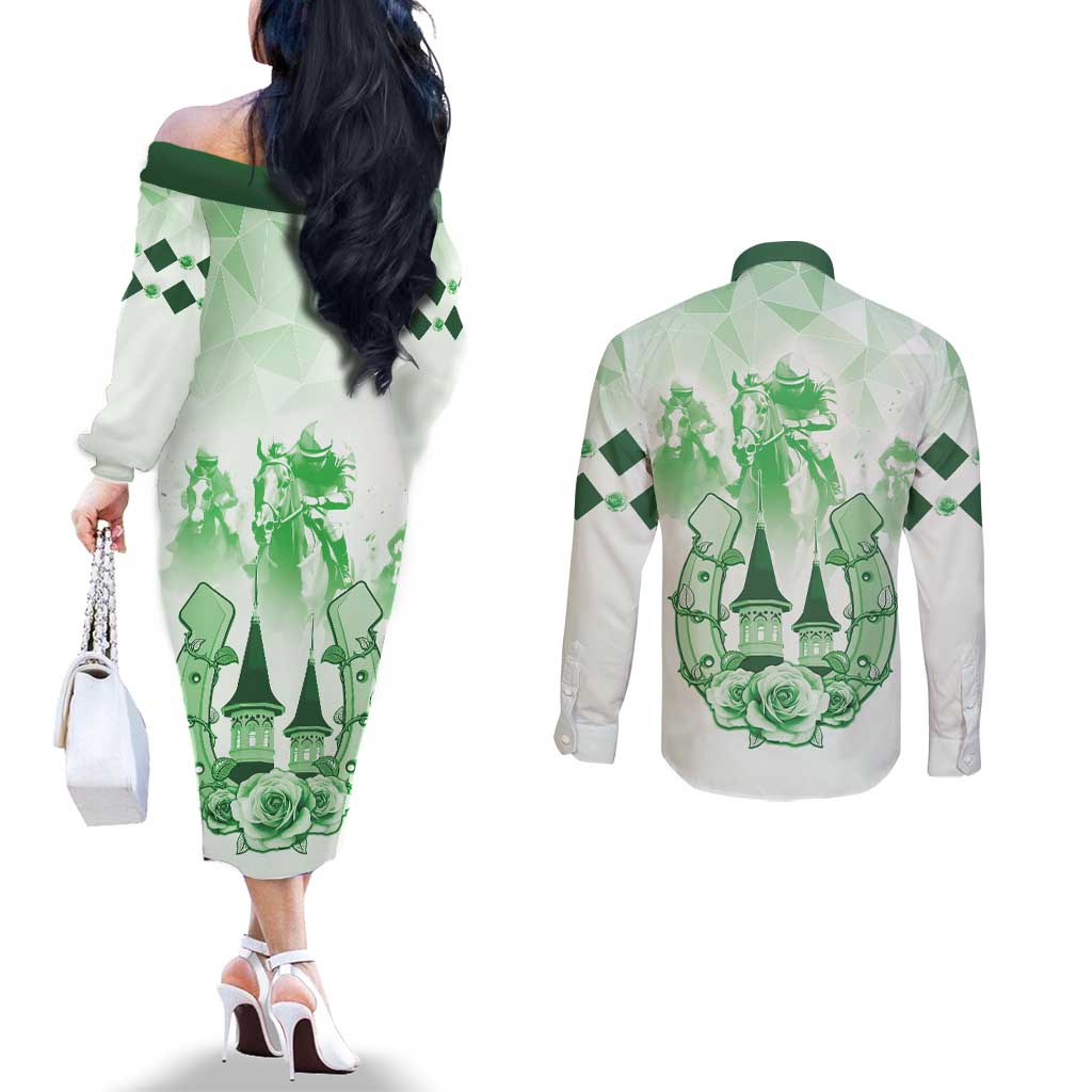Kentucky Horse Racing Couples Matching Off The Shoulder Long Sleeve Dress and Long Sleeve Button Shirt 151st Anniversary Green Version LT05