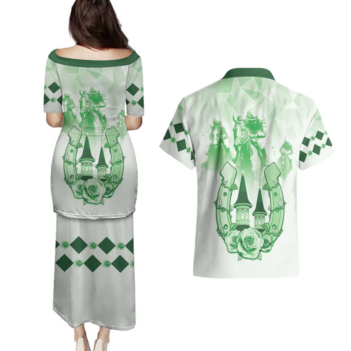 Kentucky Horse Racing Couples Matching Puletasi and Hawaiian Shirt 151st Anniversary Green Version LT05