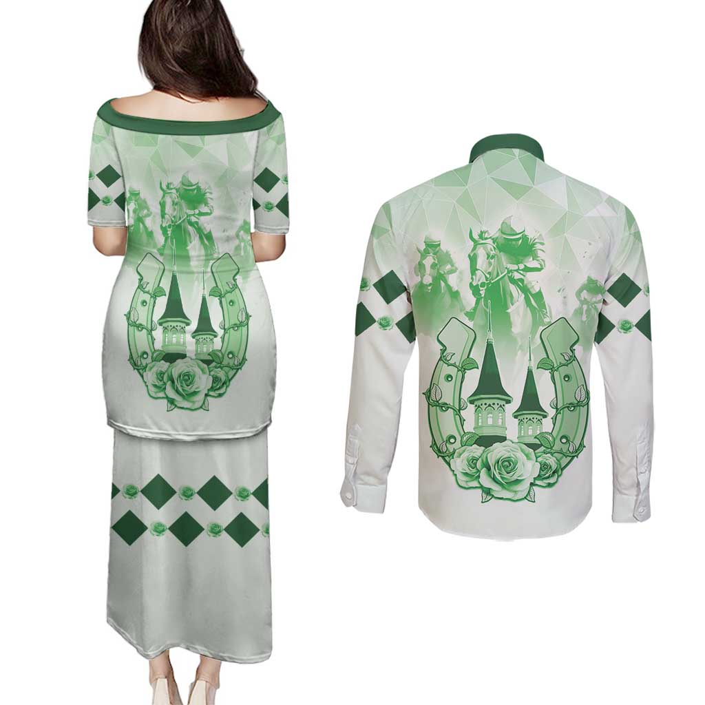 Kentucky Horse Racing Couples Matching Puletasi and Long Sleeve Button Shirt 151st Anniversary Green Version LT05