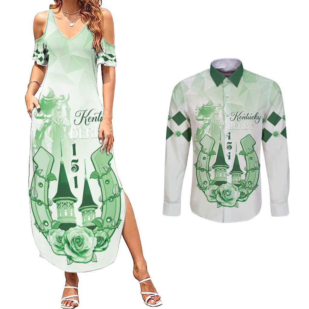 Kentucky Horse Racing Couples Matching Summer Maxi Dress and Long Sleeve Button Shirt 151st Anniversary Green Version LT05