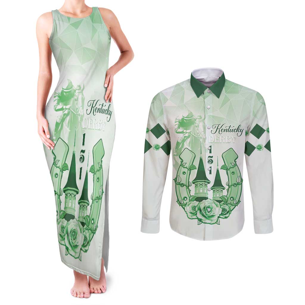 Kentucky Horse Racing Couples Matching Tank Maxi Dress and Long Sleeve Button Shirt 151st Anniversary Green Version LT05