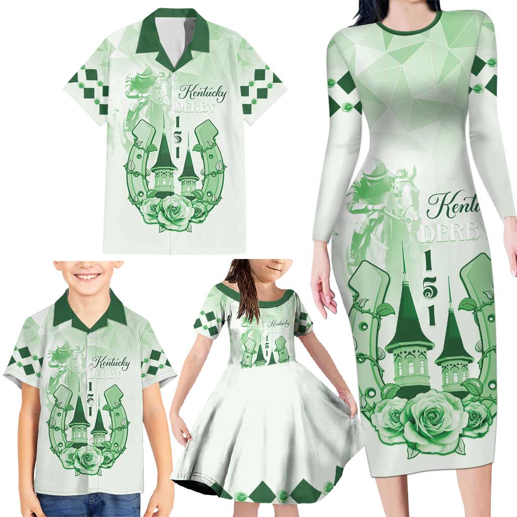 Kentucky Horse Racing Family Matching Long Sleeve Bodycon Dress and Hawaiian Shirt 151st Anniversary Green Version LT05