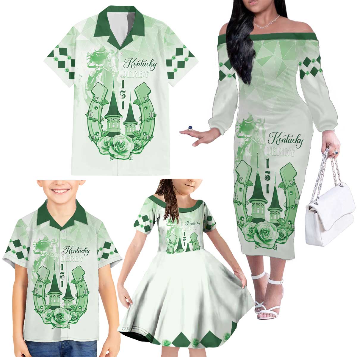 Kentucky Horse Racing Family Matching Off The Shoulder Long Sleeve Dress and Hawaiian Shirt 151st Anniversary Green Version LT05