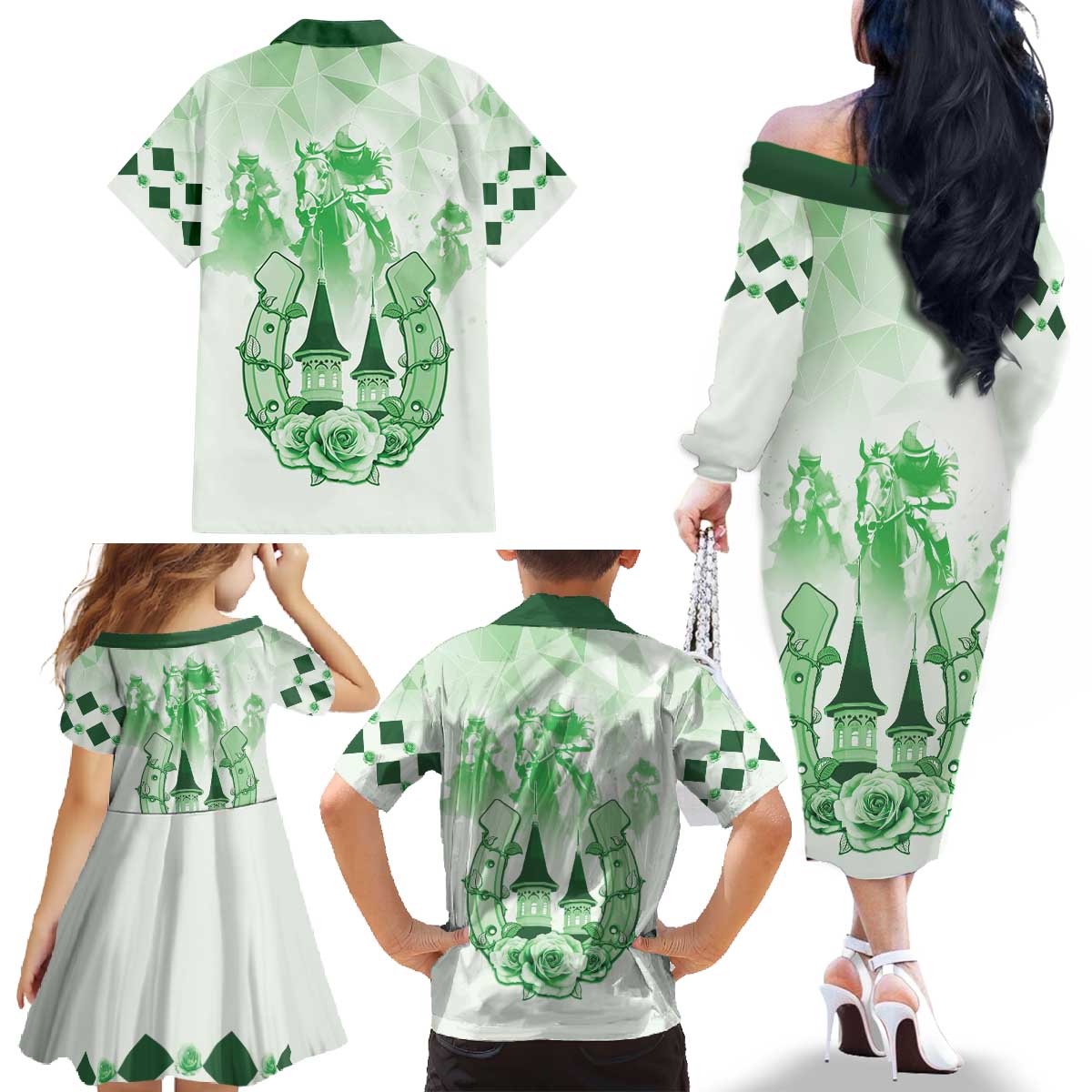 Kentucky Horse Racing Family Matching Off The Shoulder Long Sleeve Dress and Hawaiian Shirt 151st Anniversary Green Version LT05