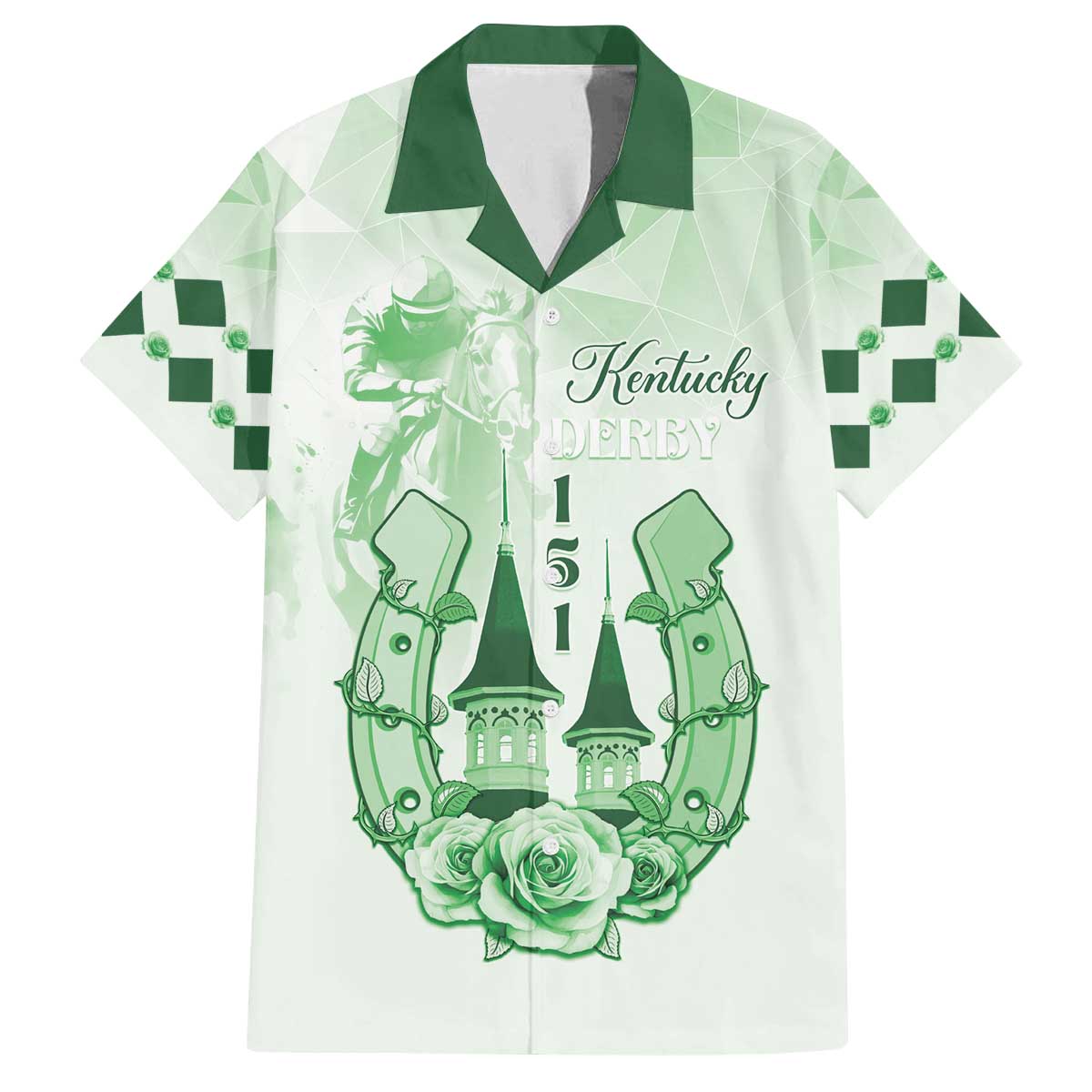 Kentucky Horse Racing Family Matching Off The Shoulder Long Sleeve Dress and Hawaiian Shirt 151st Anniversary Green Version LT05