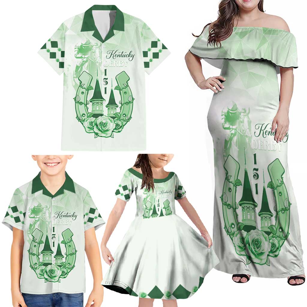 Kentucky Horse Racing Family Matching Off Shoulder Maxi Dress and Hawaiian Shirt 151st Anniversary Green Version LT05