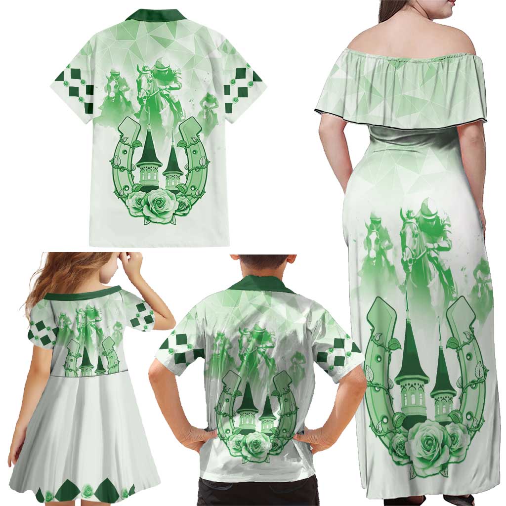 Kentucky Horse Racing Family Matching Off Shoulder Maxi Dress and Hawaiian Shirt 151st Anniversary Green Version LT05